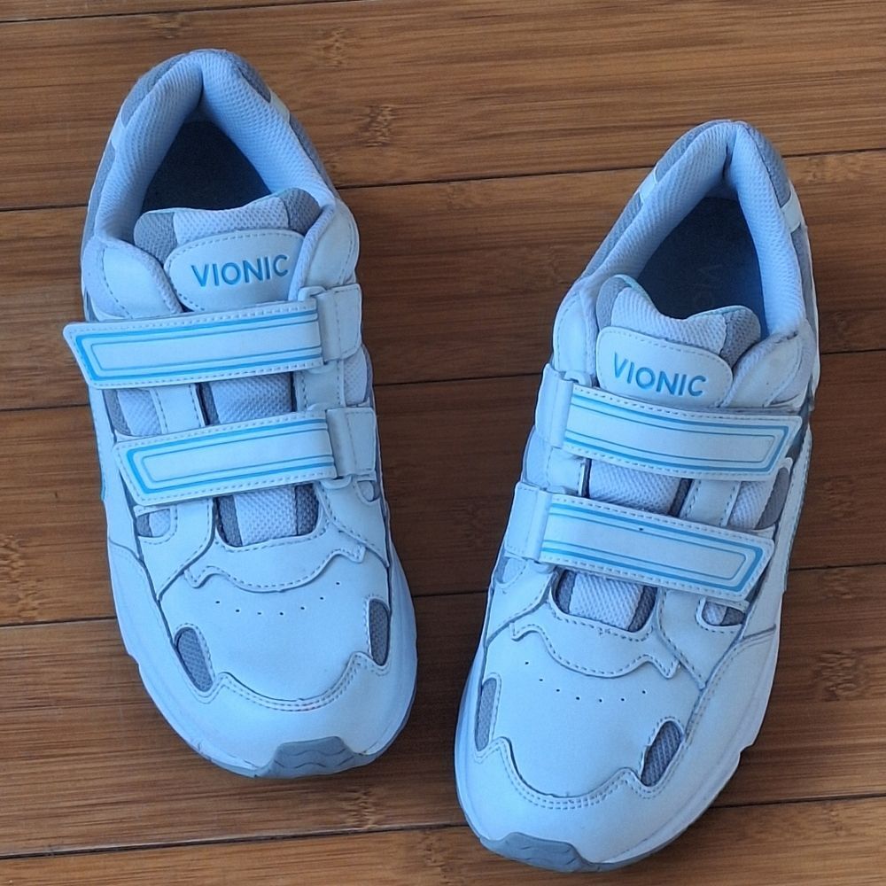 Women's Vionic Tabi Walking Shoe Two Strap Comfort Sneaker White Blue Leather 11 - Picture 2 of 16